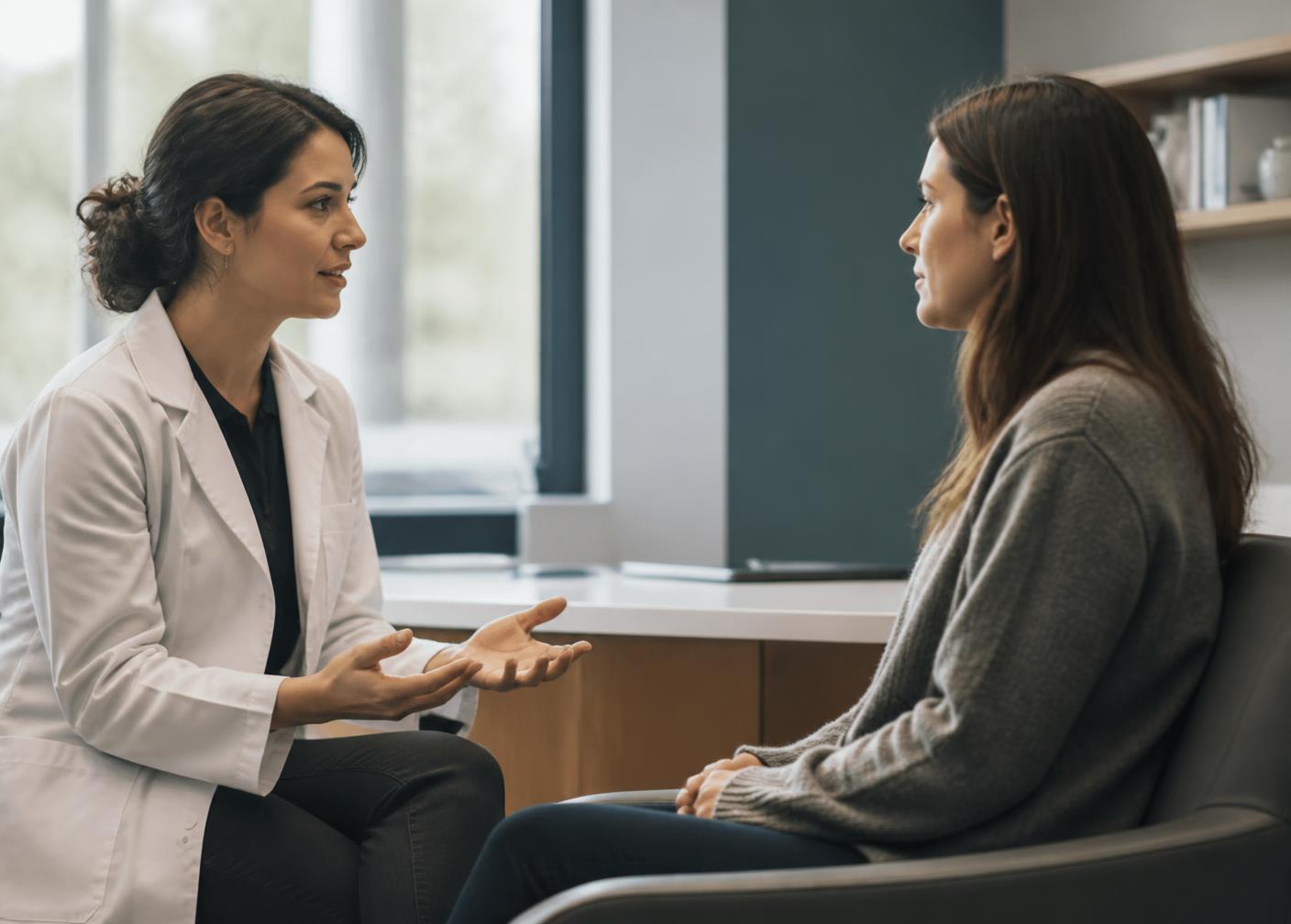 Profissional de saúde conversando com uma paciente em consultório contemporâneo